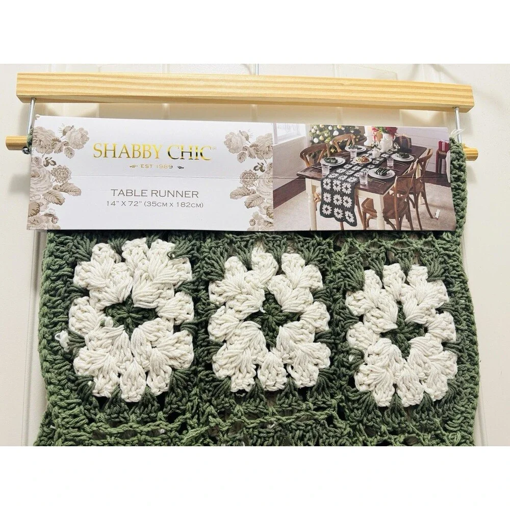Shabby Chic Crochet Granny Square Table Runner 14 x 72 Green Cream Farmhouse NWT